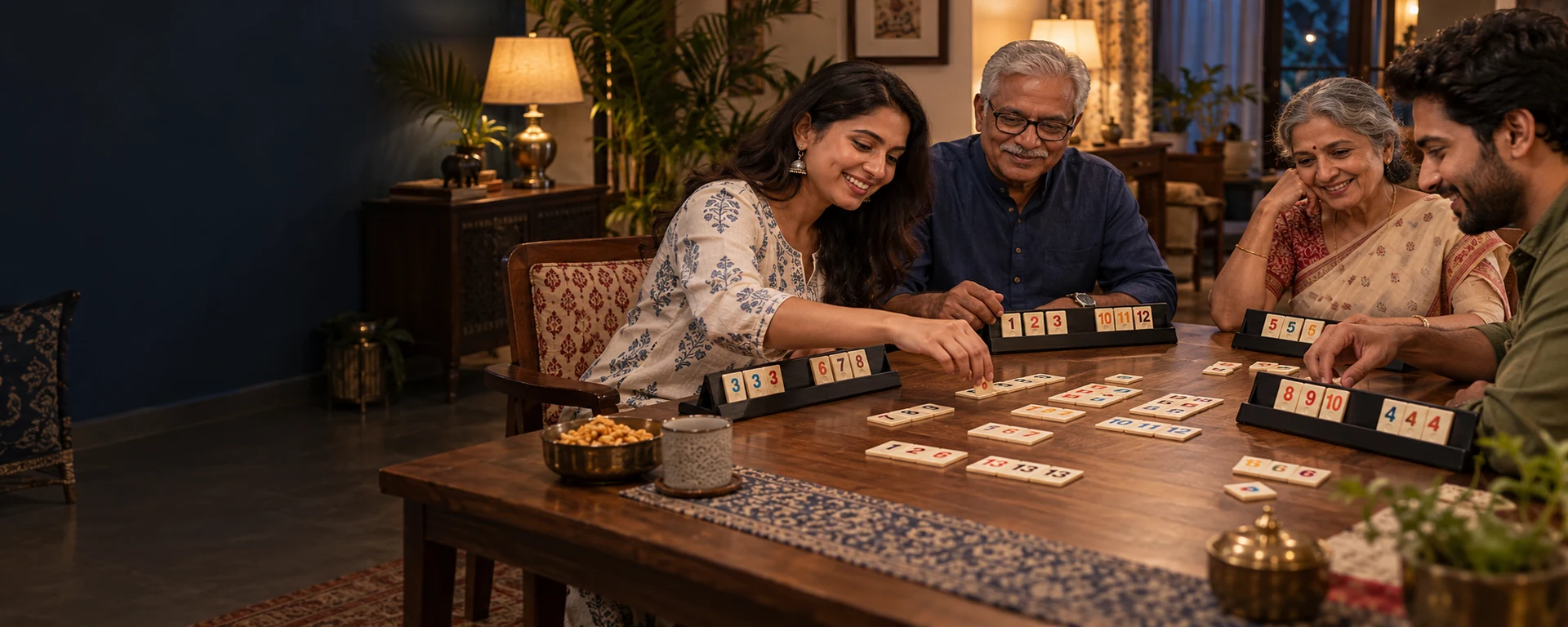 Indian family and friends enjoying traditional games in a Indian family festival card gathering at home